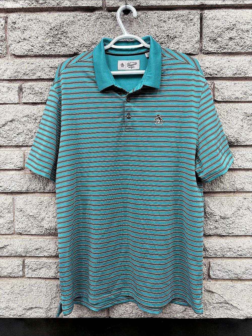 Original Penguin Men’s XL Turquoise Striped Golf Polo Shirt Munsingwear